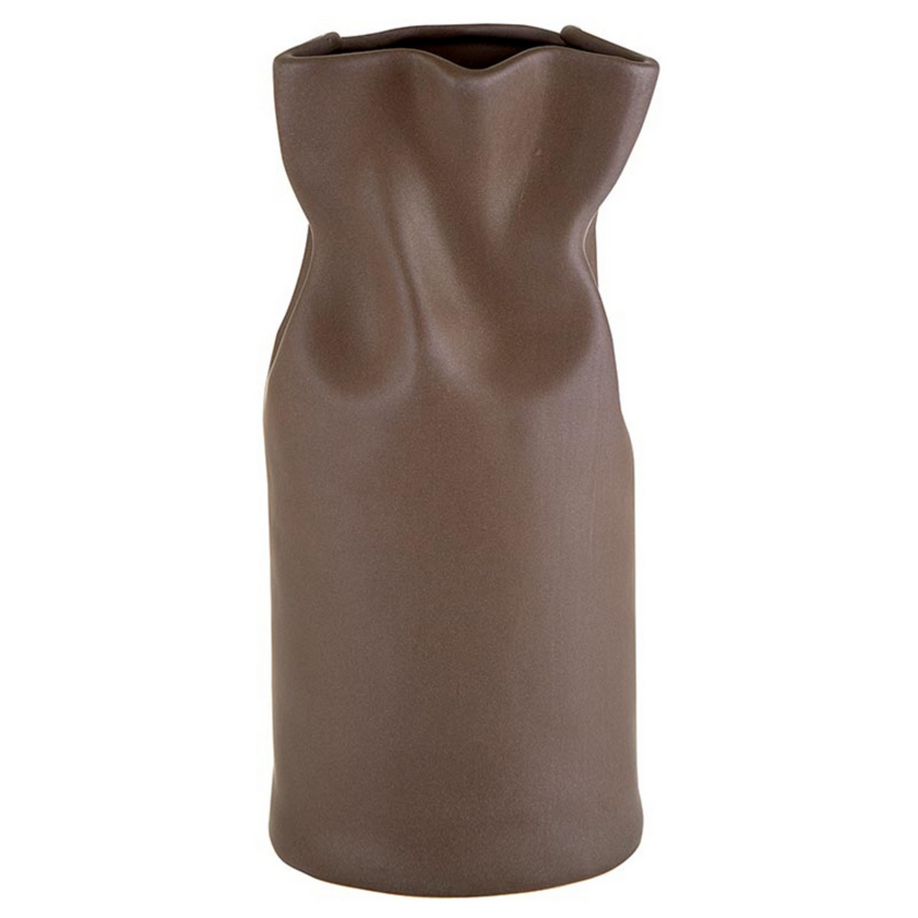 CINCHED CERAMIC VASE matte brown