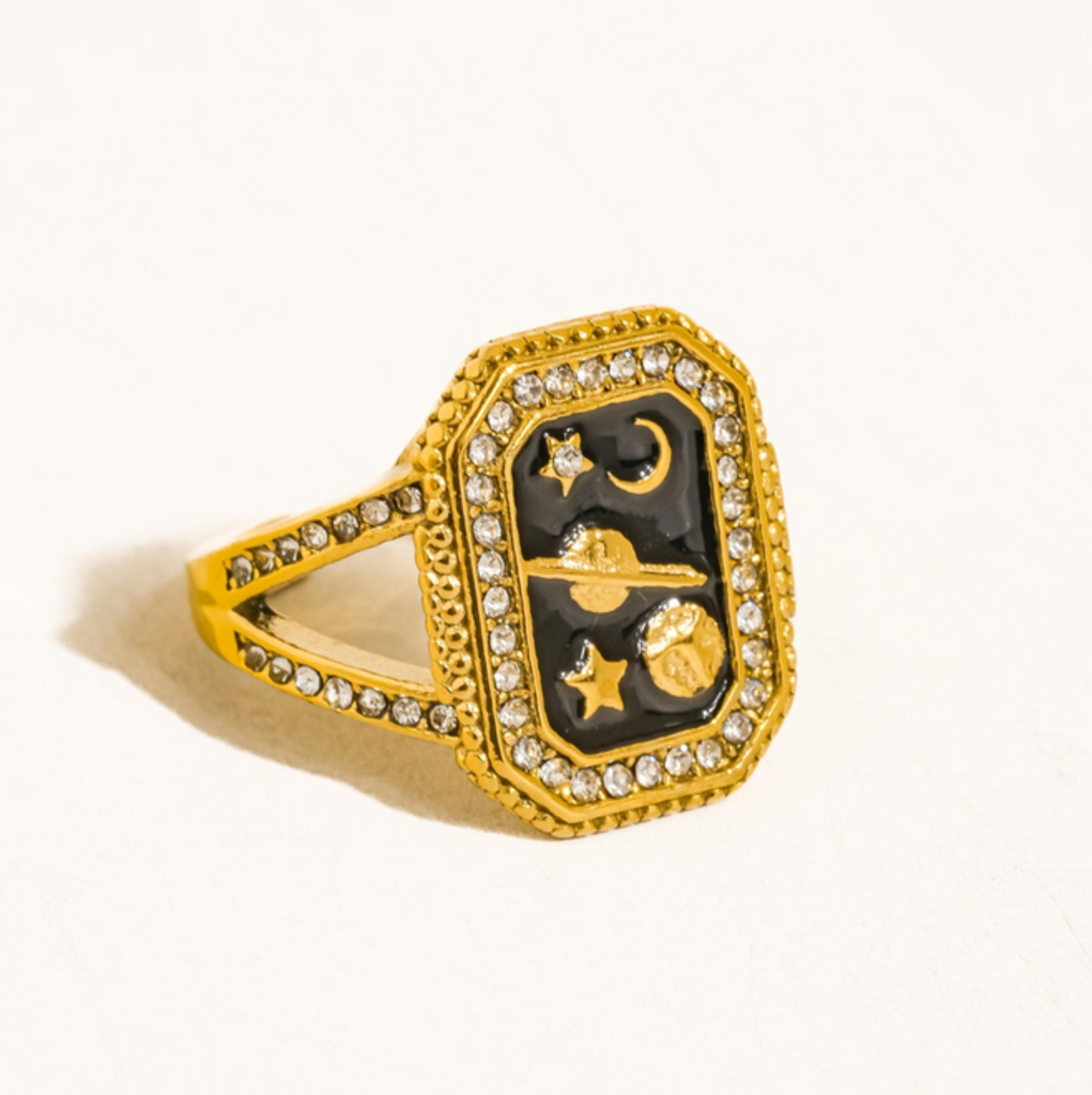 Black Lulora 18K Gold Non-Tarnish Statement Ring SZ 7