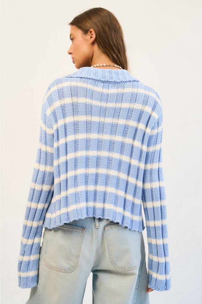 MED/LARGE Blue Stripe Knit Zip-Up Sweater