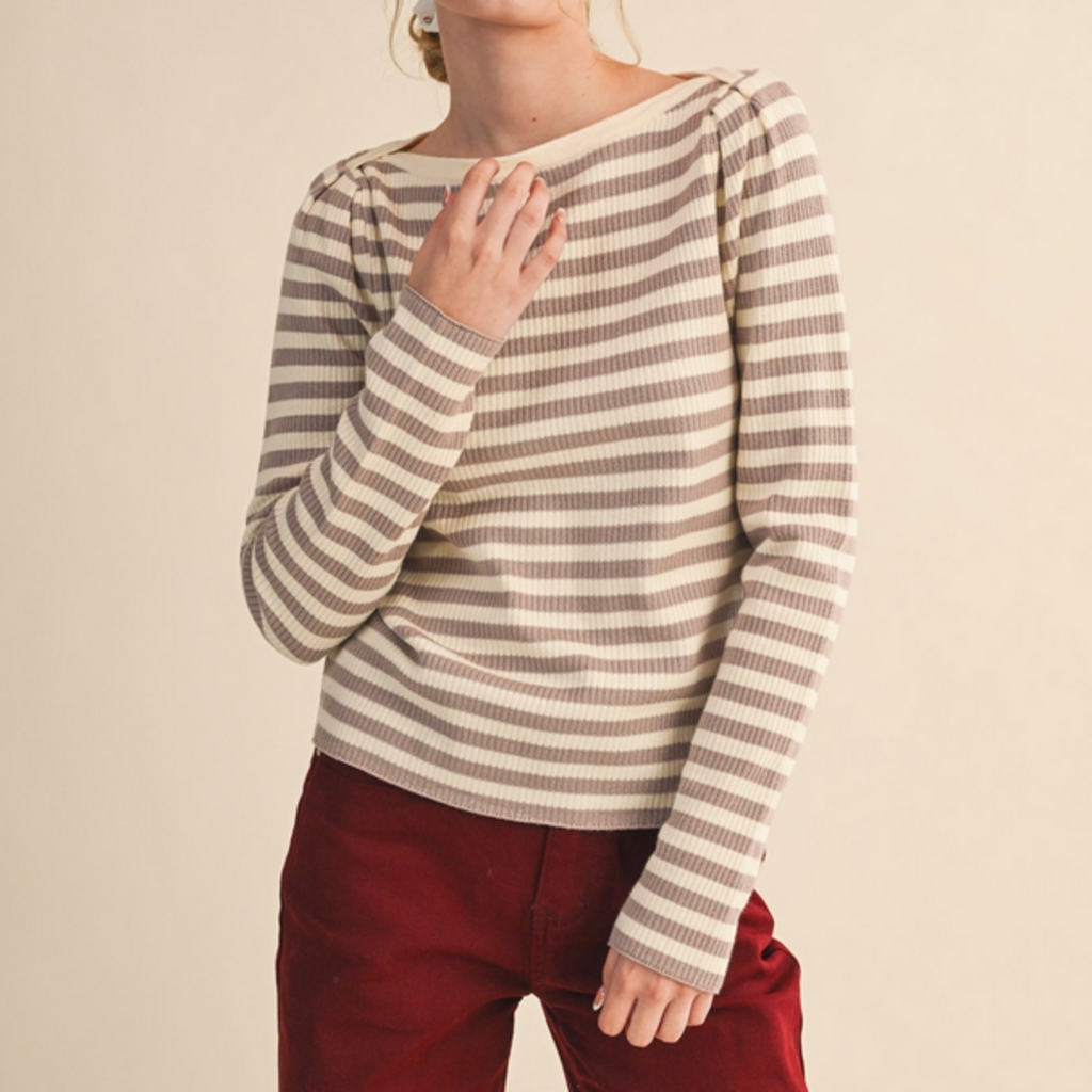 Ivory + Sand Striped Boat Neck Sweater - LARGE