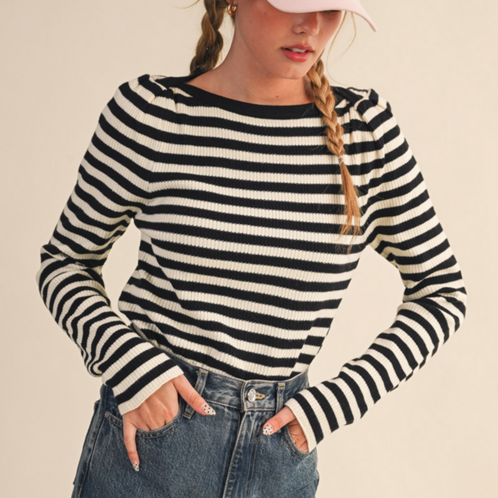 Black + Ivory Striped Boat Neck Sweater - LARGE