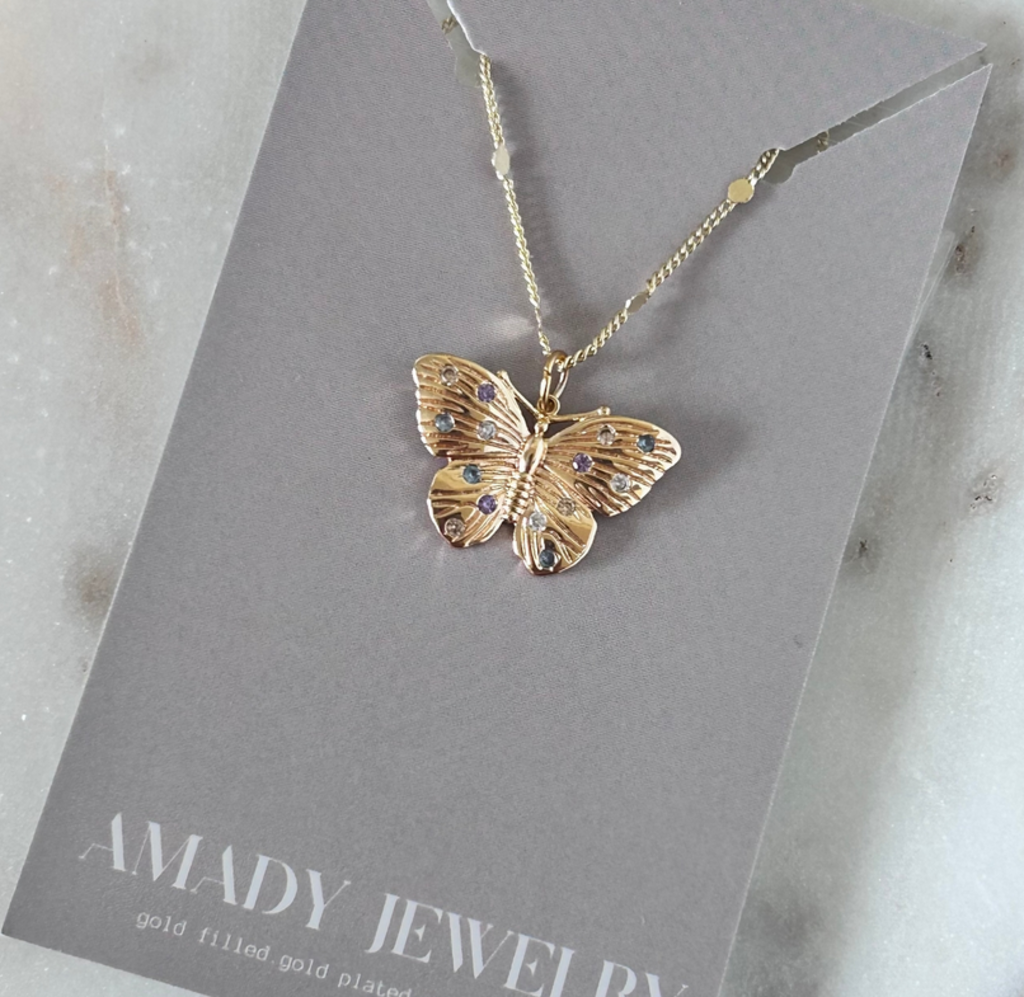 Colorful Crystals 14k Gold Filled Butterfly Necklace