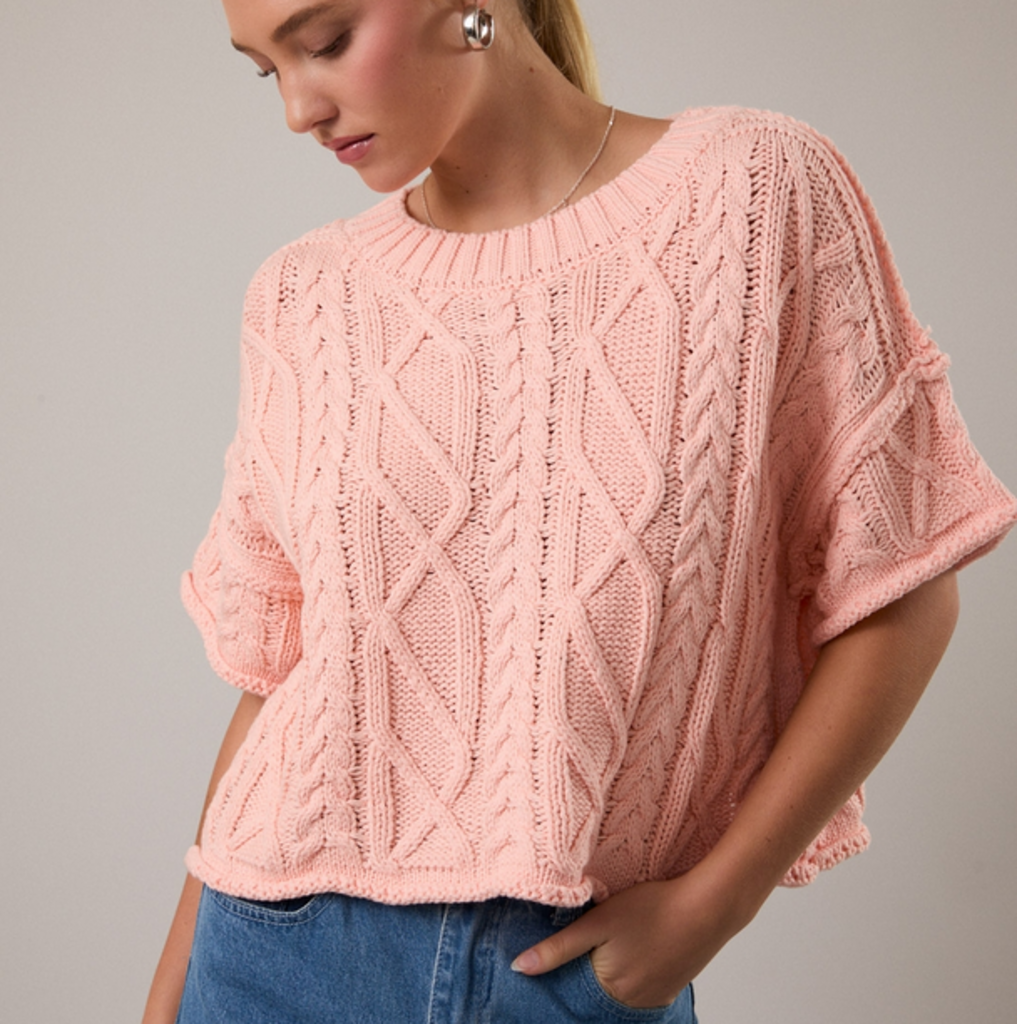 LARGE Coral Short Sleeve Cable Knit Sweater