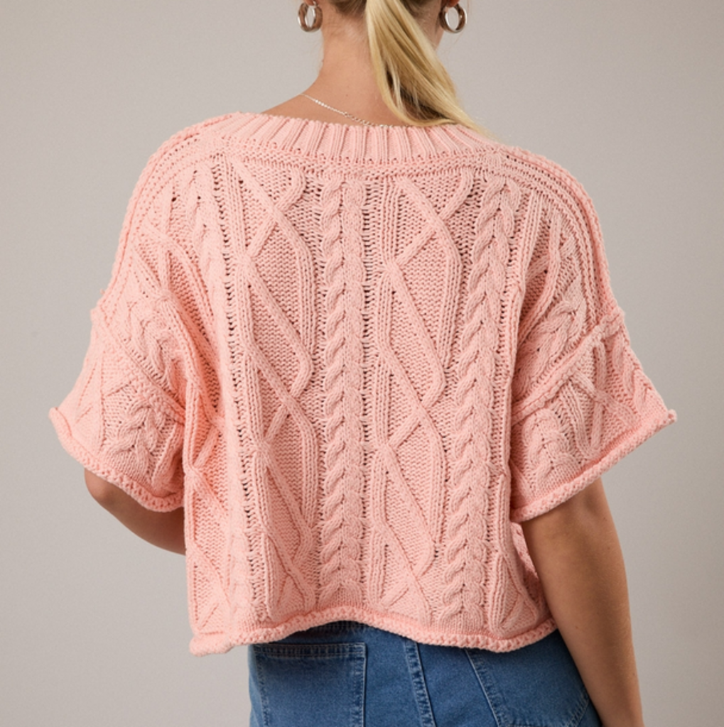 LARGE Coral Short Sleeve Cable Knit Sweater