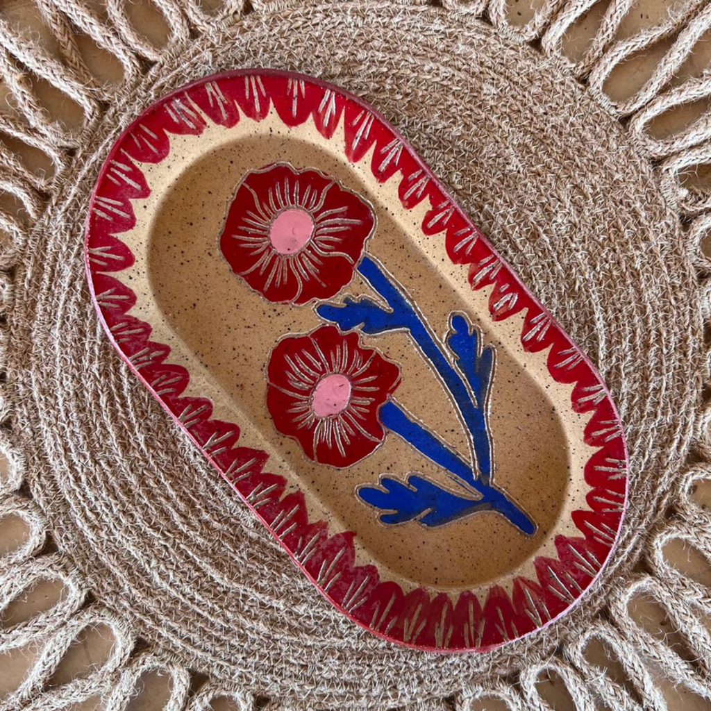 Red & Blue Blossom Sgraffito Dish