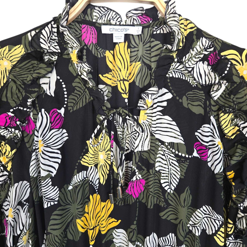 CHICO'S BOTANICAL RUFFLE DRESS SZ 8