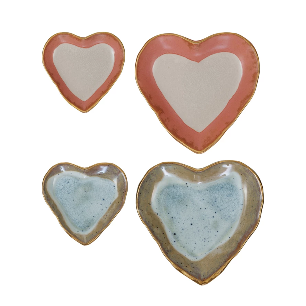 STONEWARE set of 2 heart dishes ~ blues + taupe