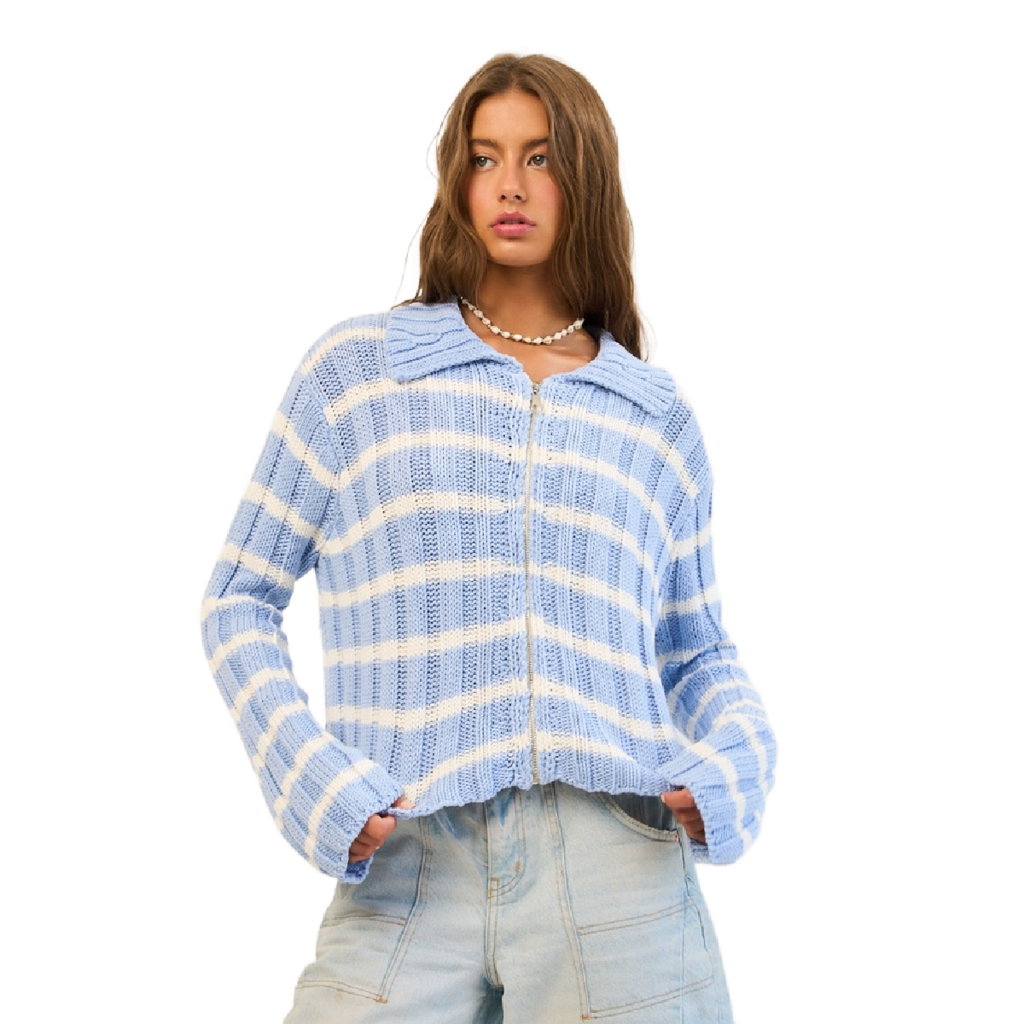 MED/LARGE Blue Stripe Knit Zip-Up Sweater
