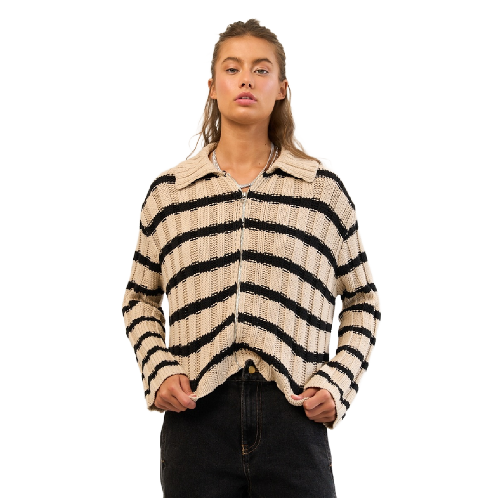 MED/LARGE Brown Stripe Knit Zip-Up Sweater
