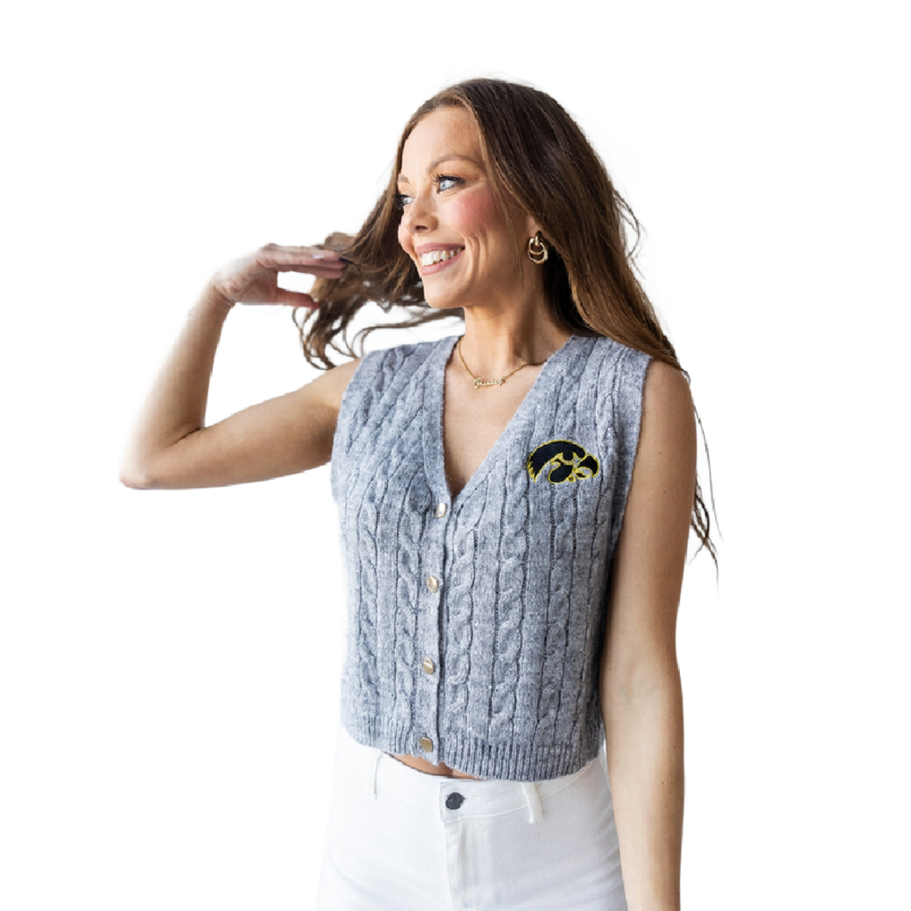 Iowa Logo Patch Button Up Sweater Vest-LARGE