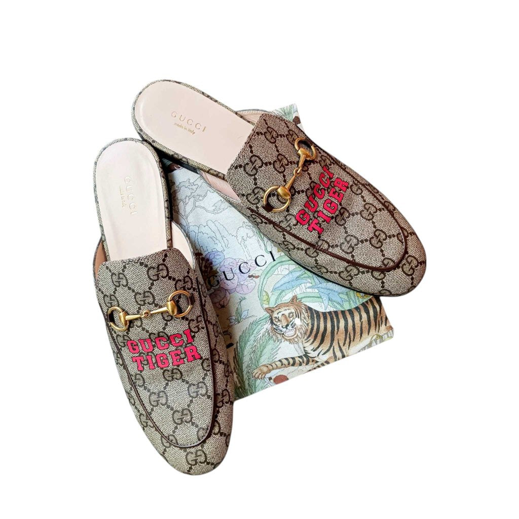 GUCCI TIGER GG SUPREME MULES SZ 40 = US 8.5/9