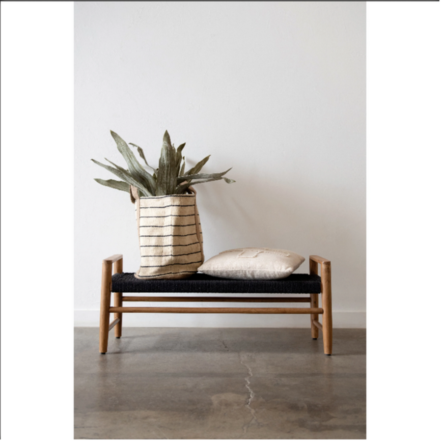 Teak Wood Bench w/ Black Woven Cotton Seat
