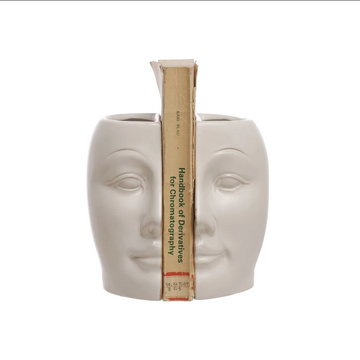 Sculpted Stoneware Face Vases/Bookends - Set of 2